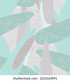 Abstract vector seamless pattern. Organic grunge textured overlapping wavy shapes and lines. Scribbled hand drawn pastel colored background. Striped dotted leaf forms. Flat textile swatch. 