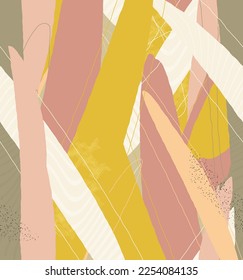 Abstract vector seamless pattern. Organic grunge textured overlapping wavy shapes and lines. Scribbled hand drawn pastel colored background. Striped dotted leaf forms. Flat textile swatch. 