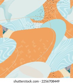 Abstract vector seamless pattern. Organic grunge textured overlapping wavy shapes and lines. Scribbled hand drawn pastel colored background. Striped dotted leaf forms. Flat textile swatch. 