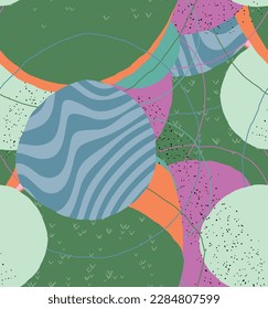 Abstract vector seamless pattern. Organic grunge textured overlapping wavy shapes and lines. Scribbled hand drawn pastel colored background. Striped dotted leaf forms. Flat textile swatch. 