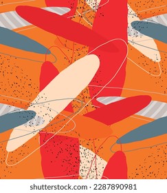 Abstract vector seamless pattern. Organic grunge textured overlapping wavy shapes and lines. Scribbled hand drawn pastel colored background. Striped dotted leaf forms. Flat textile swatch. 