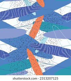 Abstract vector seamless pattern. Organic grunge textured overlapping wavy shapes and lines. Scribbled hand drawn pastel colored background. Striped dotted leaf forms. Flat textile swatch. 