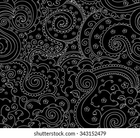 Abstract vector seamless pattern with ornamental curling lines, doodles, plants, leaves and flowers. Endless decorative texture