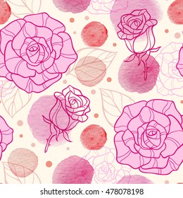 Abstract vector seamless pattern with pink watercolor blots and roses