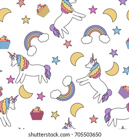 Abstract vector seamless pattern with rainbow, unicorns, clouds, stars, capkey, moons in flat style on white background. Color image. Pattern with unicorn design.