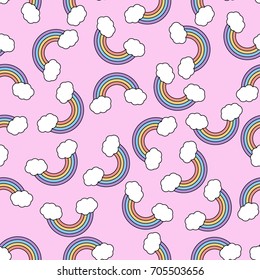 Abstract vector seamless pattern with rainbow on pink background. Color image. Pattern with unicorn design.Rainbow with clouds in a flat style.