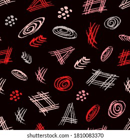 Abstract vector seamless pattern. Red, pink, gray strokes, shapes, dots, spirals on a black background. For prints of fabric, packaging, textile products, home decor, clothing.