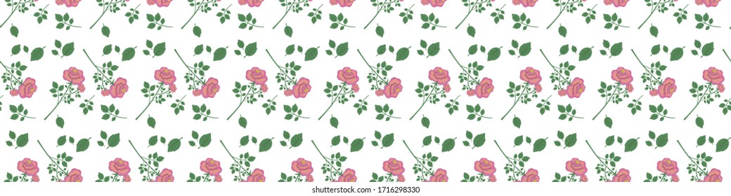 Abstract vector seamless pattern of rose flower drawings with green leaves and branches.