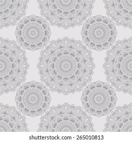 Abstract vector seamless pattern with round lace elements in mono line style 