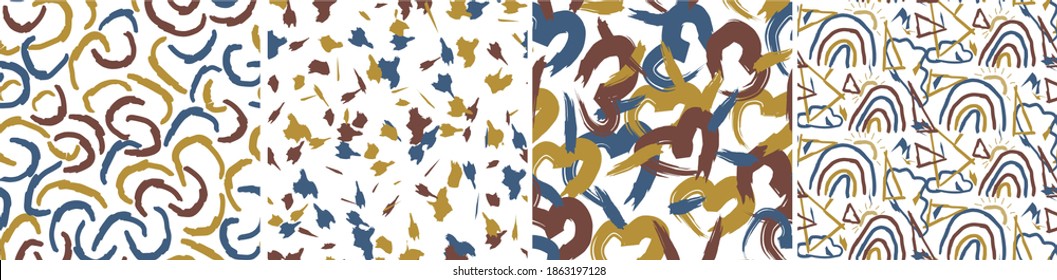 Abstract vector seamless pattern set with terrazzo texture in trending colors: navy, mustard and maroon. Trendy and creative magazine covers, invitations, flyers, cards, wallpaper, web background.