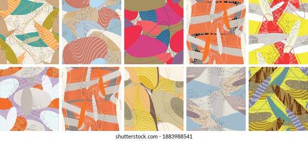 Abstract vector seamless pattern set. Organic grunge textured overlapping wavy shapes and lines. Scribbled hand drawn pastel colored background. Striped dotted leaf forms. Flat textile swatch.