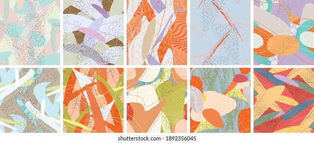 Abstract vector seamless pattern set. Organic grunge textured overlapping wavy shapes and lines. Scribbled hand drawn pastel colored background. Striped dotted leaf forms. Flat textile swatch.