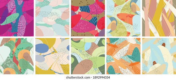 Abstract vector seamless pattern set. Organic grunge textured overlapping wavy shapes and lines. Scribbled hand drawn pastel colored background. Striped dotted leaf forms. Flat textile swatch.