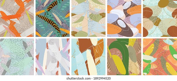 Abstract vector seamless pattern set. Organic grunge textured overlapping wavy shapes and lines. Scribbled hand drawn pastel colored background. Striped dotted leaf forms. Flat textile swatch.