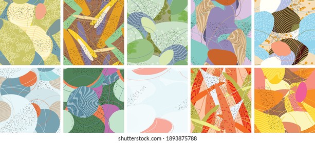 Abstract vector seamless pattern set. Organic grunge textured overlapping wavy shapes and lines. Scribbled hand drawn pastel colored background. Striped dotted leaf forms. Flat textile swatch.