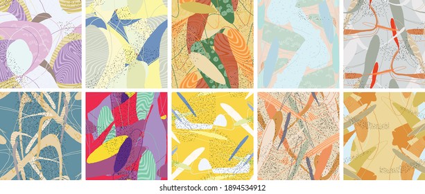 Abstract vector seamless pattern set. Organic grunge textured overlapping wavy shapes and lines. Scribbled hand drawn pastel colored background. Striped dotted leaf forms. Flat textile swatch.