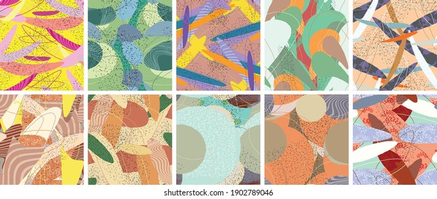 Abstract vector seamless pattern set. Organic grunge textured overlapping wavy shapes and lines. Scribbled hand drawn pastel colored background. Striped dotted leaf forms. Flat textile swatch.