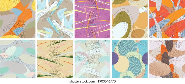 Abstract vector seamless pattern set. Organic grunge textured overlapping wavy shapes and lines. Scribbled hand drawn pastel colored background. Striped dotted leaf forms. Flat textile swatch.