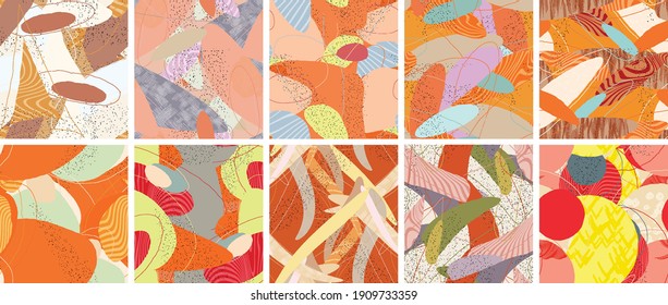 Abstract vector seamless pattern set. Organic grunge textured overlapping wavy shapes and lines. Scribbled hand drawn pastel colored background. Striped dotted leaf forms. Flat textile swatch.