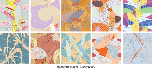 Abstract vector seamless pattern set. Organic grunge textured overlapping wavy shapes and lines. Scribbled hand drawn pastel colored background. Striped dotted leaf forms. Flat textile swatch.