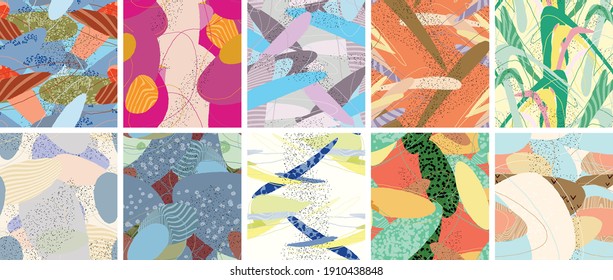 Abstract vector seamless pattern set. Organic grunge textured overlapping wavy shapes and lines. Scribbled hand drawn pastel colored background. Striped dotted leaf forms. Flat textile swatch.
