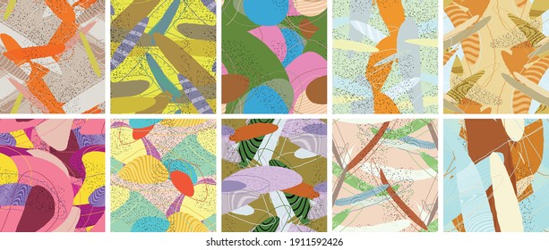 Abstract vector seamless pattern set. Organic grunge textured overlapping wavy shapes and lines. Scribbled hand drawn pastel colored background. Striped dotted leaf forms. Flat textile swatch.