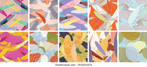 Abstract vector seamless pattern set. Organic grunge textured overlapping wavy shapes and lines. Scribbled hand drawn pastel colored background. Striped dotted leaf forms. Flat textile swatch.