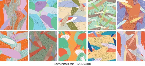 Abstract vector seamless pattern set. Organic grunge textured overlapping wavy shapes and lines. Scribbled hand drawn pastel colored background. Striped dotted leaf forms. Flat textile swatch.