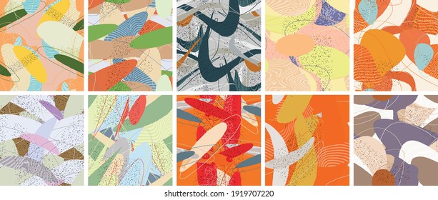 Abstract vector seamless pattern set. Organic grunge textured overlapping wavy shapes and lines. Scribbled hand drawn pastel colored background. Striped dotted leaf forms. Flat textile swatch.