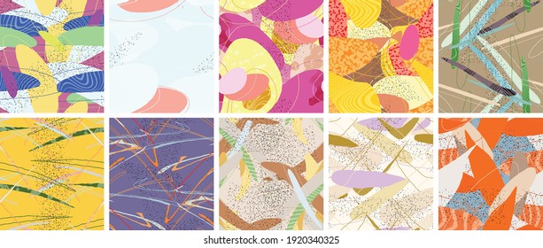 Abstract vector seamless pattern set. Organic grunge textured overlapping wavy shapes and lines. Scribbled hand drawn pastel colored background. Striped dotted leaf forms. Flat textile swatch.