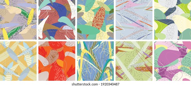 Abstract vector seamless pattern set. Organic grunge textured overlapping wavy shapes and lines. Scribbled hand drawn pastel colored background. Striped dotted leaf forms. Flat textile swatch.