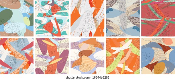 Abstract vector seamless pattern set. Organic grunge textured overlapping wavy shapes and lines. Scribbled hand drawn pastel colored background. Striped dotted leaf forms. Flat textile swatch.