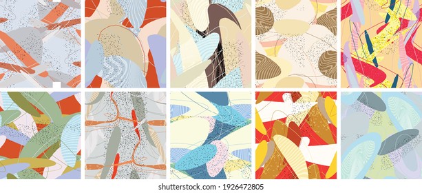 Abstract vector seamless pattern set. Organic grunge textured overlapping wavy shapes and lines. Scribbled hand drawn pastel colored background. Striped dotted leaf forms. Flat textile swatch.