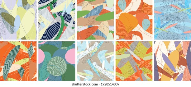 Abstract vector seamless pattern set. Organic grunge textured overlapping wavy shapes and lines. Scribbled hand drawn pastel colored background. Striped dotted leaf forms. Flat textile swatch.