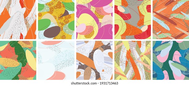 Abstract vector seamless pattern set. Organic grunge textured overlapping wavy shapes and lines. Scribbled hand drawn pastel colored background. Striped dotted leaf forms. Flat textile swatch.