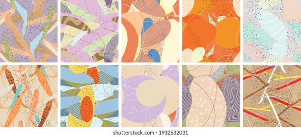 Abstract vector seamless pattern set. Organic grunge textured overlapping wavy shapes and lines. Scribbled hand drawn pastel colored background. Striped dotted leaf forms. Flat textile swatch.