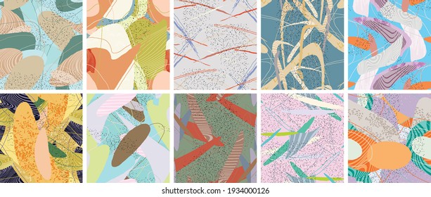 Abstract vector seamless pattern set. Organic grunge textured overlapping wavy shapes and lines. Scribbled hand drawn pastel colored background. Striped dotted leaf forms. Flat textile swatch.