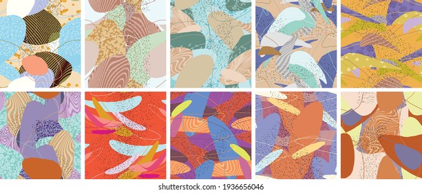 Abstract vector seamless pattern set. Organic grunge textured overlapping wavy shapes and lines. Scribbled hand drawn pastel colored background. Striped dotted leaf forms. Flat textile swatch.