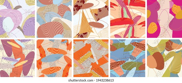 Abstract vector seamless pattern set. Organic grunge textured overlapping wavy shapes and lines. Scribbled hand drawn pastel colored background. Striped dotted leaf forms. Flat textile swatch.