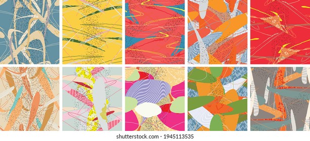 Abstract vector seamless pattern set. Organic grunge textured overlapping wavy shapes and lines. Scribbled hand drawn pastel colored background. Striped dotted leaf forms. Flat textile swatch.