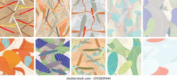 Abstract vector seamless pattern set. Organic grunge textured overlapping wavy shapes and lines. Scribbled hand drawn pastel colored background. Striped dotted leaf forms. Flat textile swatch.