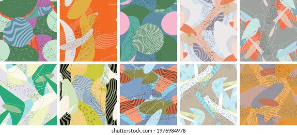 Abstract vector seamless pattern set. Organic grunge textured overlapping wavy shapes and lines. Scribbled hand drawn pastel colored background. Striped dotted leaf forms. Flat textile swatch.