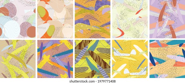Abstract vector seamless pattern set. Organic grunge textured overlapping wavy shapes and lines. Scribbled hand drawn pastel colored background. Striped dotted leaf forms. Flat textile swatch.