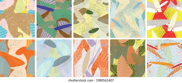 Abstract vector seamless pattern set. Organic grunge textured overlapping wavy shapes and lines. Scribbled hand drawn pastel colored background. Striped dotted leaf forms. Flat textile swatch.