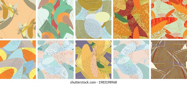Abstract vector seamless pattern set. Organic grunge textured overlapping wavy shapes and lines. Scribbled hand drawn pastel colored background. Striped dotted leaf forms. Flat textile swatch.