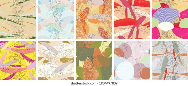 Abstract vector seamless pattern set. Organic grunge textured overlapping wavy shapes and lines. Scribbled hand drawn pastel colored background. Striped dotted leaf forms. Flat textile swatch.