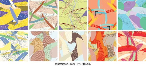Abstract vector seamless pattern set. Organic grunge textured overlapping wavy shapes and lines. Scribbled hand drawn pastel colored background. Striped dotted leaf forms. Flat textile swatch.