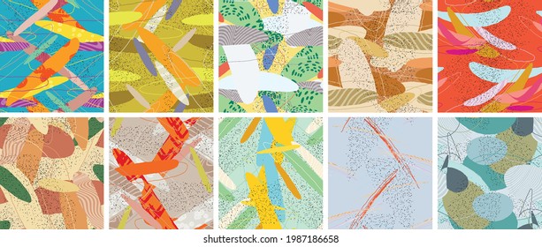 Abstract vector seamless pattern set. Organic grunge textured overlapping wavy shapes and lines. Scribbled hand drawn pastel colored background. Striped dotted leaf forms. Flat textile swatch.