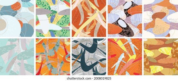 Abstract vector seamless pattern set. Organic grunge textured overlapping wavy shapes and lines. Scribbled hand drawn pastel colored background. Striped dotted leaf forms. Flat textile swatch.