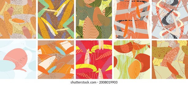 Abstract vector seamless pattern set. Organic grunge textured overlapping wavy shapes and lines. Scribbled hand drawn pastel colored background. Striped dotted leaf forms. Flat textile swatch.